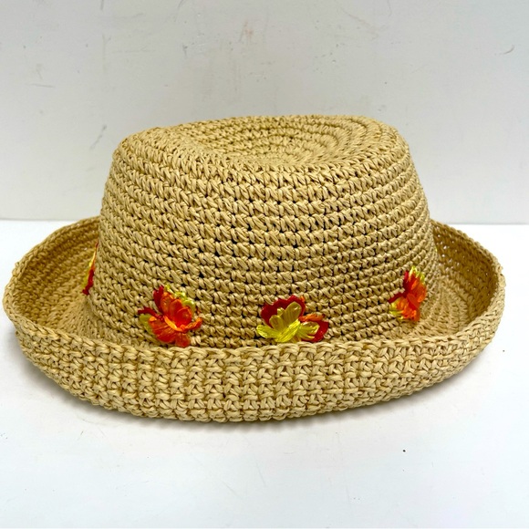 AUGUST WOMEN'S FOLDABLE PACKABLE STRAW HAT NATURAL BEIGE ONE SIZE Butterflies - Picture 1 of 8